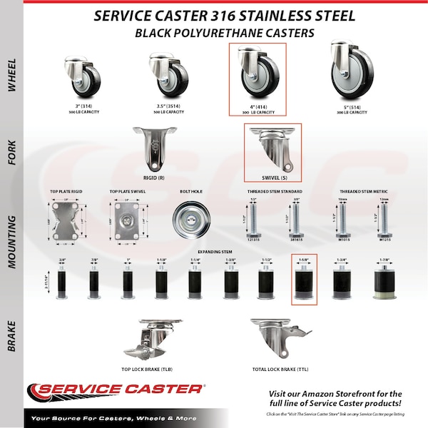 Service Caster 4 Inch 316SS Black Poly Swivel 1-5/8 Inch Expanding Stem Caster Lock Brake, 2PK SS316TTLEX20S414-PPUB-BLK-2-S-2-158 - main